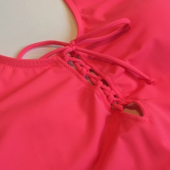 Neon Pink One Piece Swimsuit Cheeky VS Size Large Low Back Lattice Detail Barbie - Picture 5 of 9